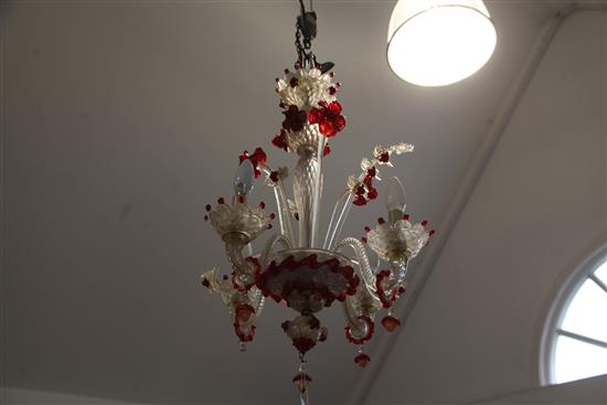 A Venetian clear and red glass four branch chandelier, c.1900, H.2ft 2in.